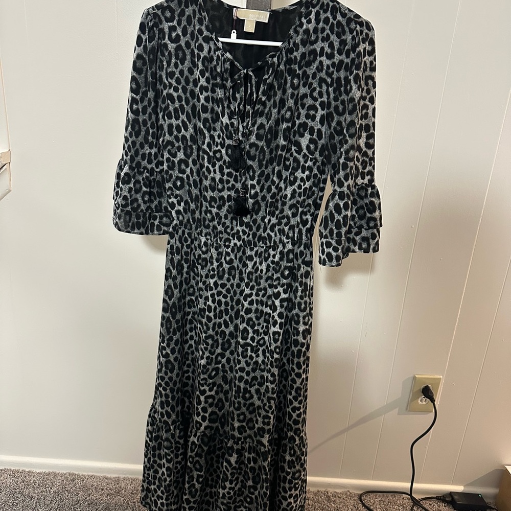 Michael Kors Black and Gray Sheath Dress with Bishop Sleeves